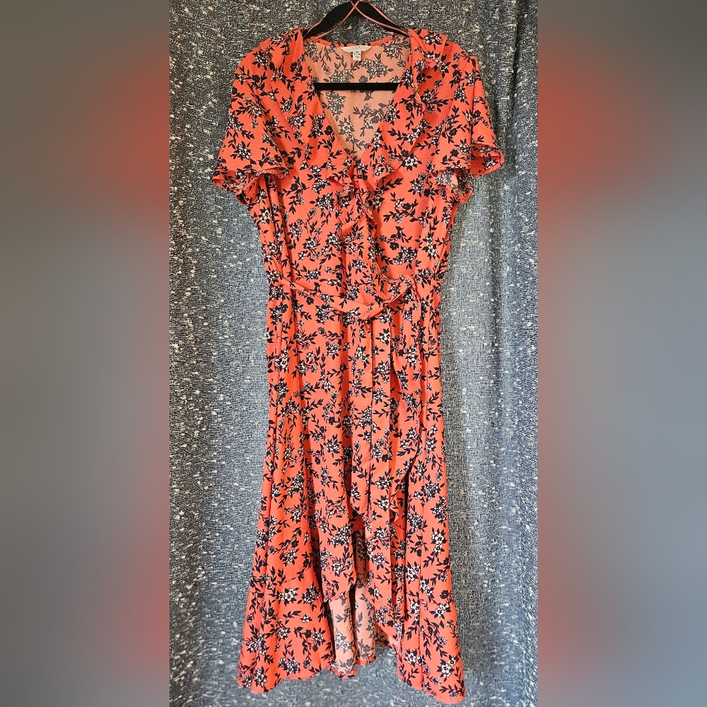 Dress Orange/Coral and Blue Floral Wrap Style XL 16-18